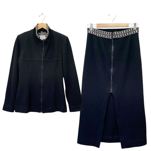 Vintage Dorothy Schoelen Black Ribbed Knit Sweater Skirt & Jacket Set Size 10 - Picture 1 of 16